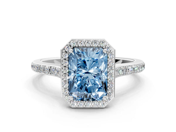 Platinum Fancy Blue Radiant Cut Halo Round Diamond Pavé Band with Four-Prong Setting