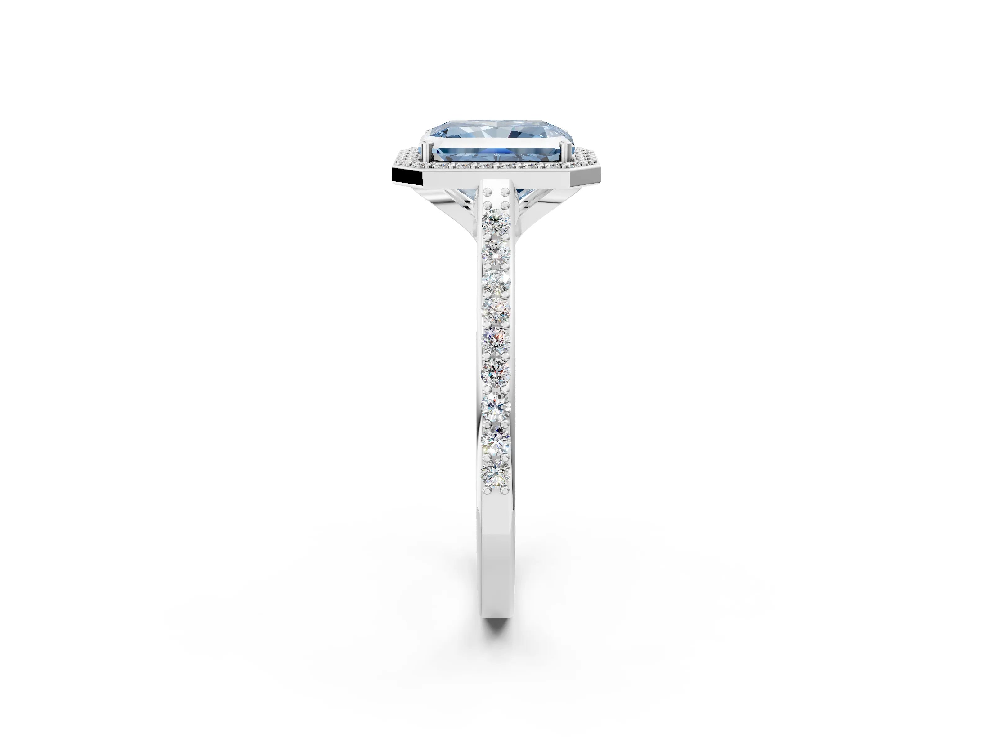 White gold Fancy Blue Radiant Cut Halo Round Diamond Pavé Band with Four-Prong Setting_29