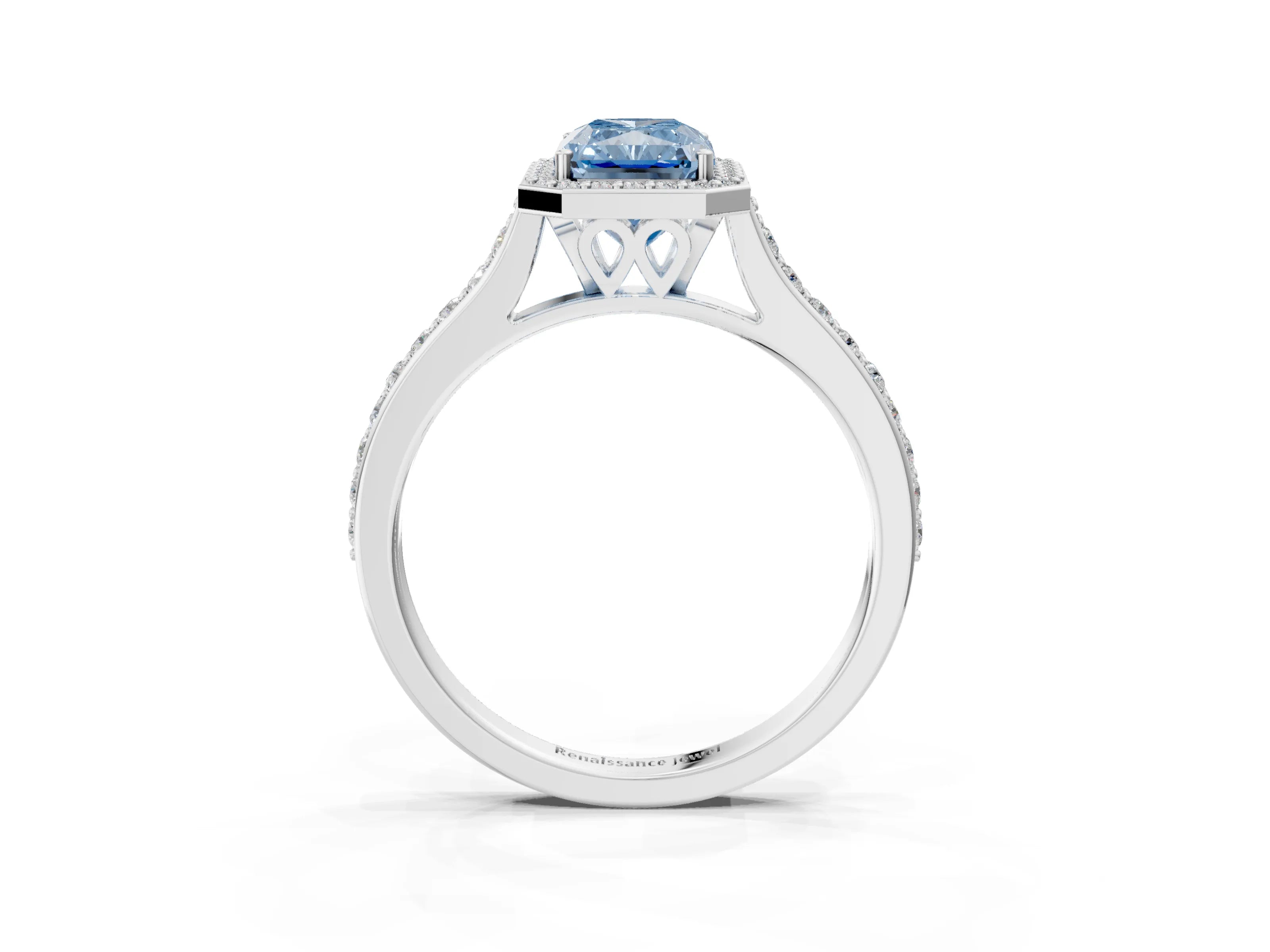 White gold Fancy Blue Radiant Cut Halo Round Diamond Pavé Band with Four-Prong Setting_30