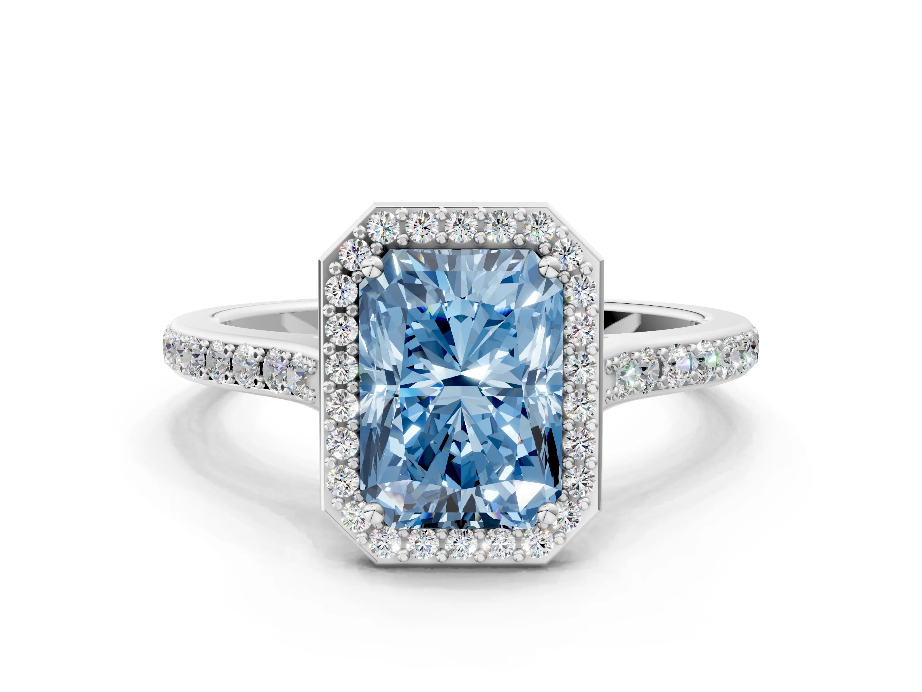 White gold Fancy Blue Radiant Cut Halo Round Diamond Pavé Band with Four-Prong Setting_39