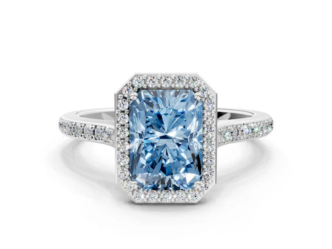 White gold Fancy Blue Radiant Cut Halo Round Diamond Pavé Band with Four-Prong Setting_39
