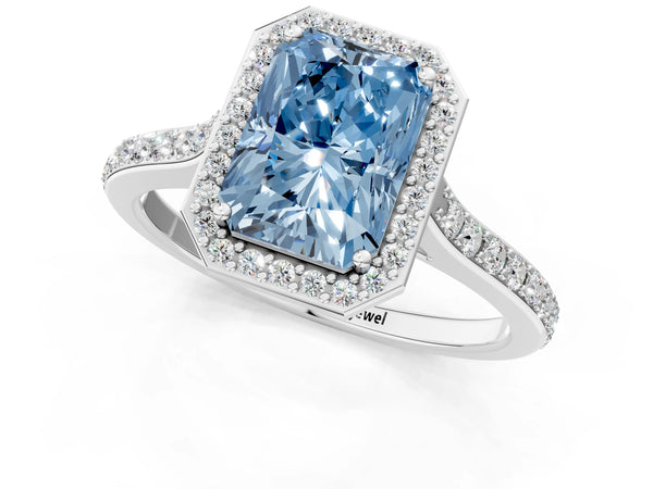 Platinum Fancy Blue Radiant Cut Halo Round Diamond Pavé Band with Four-Prong Setting