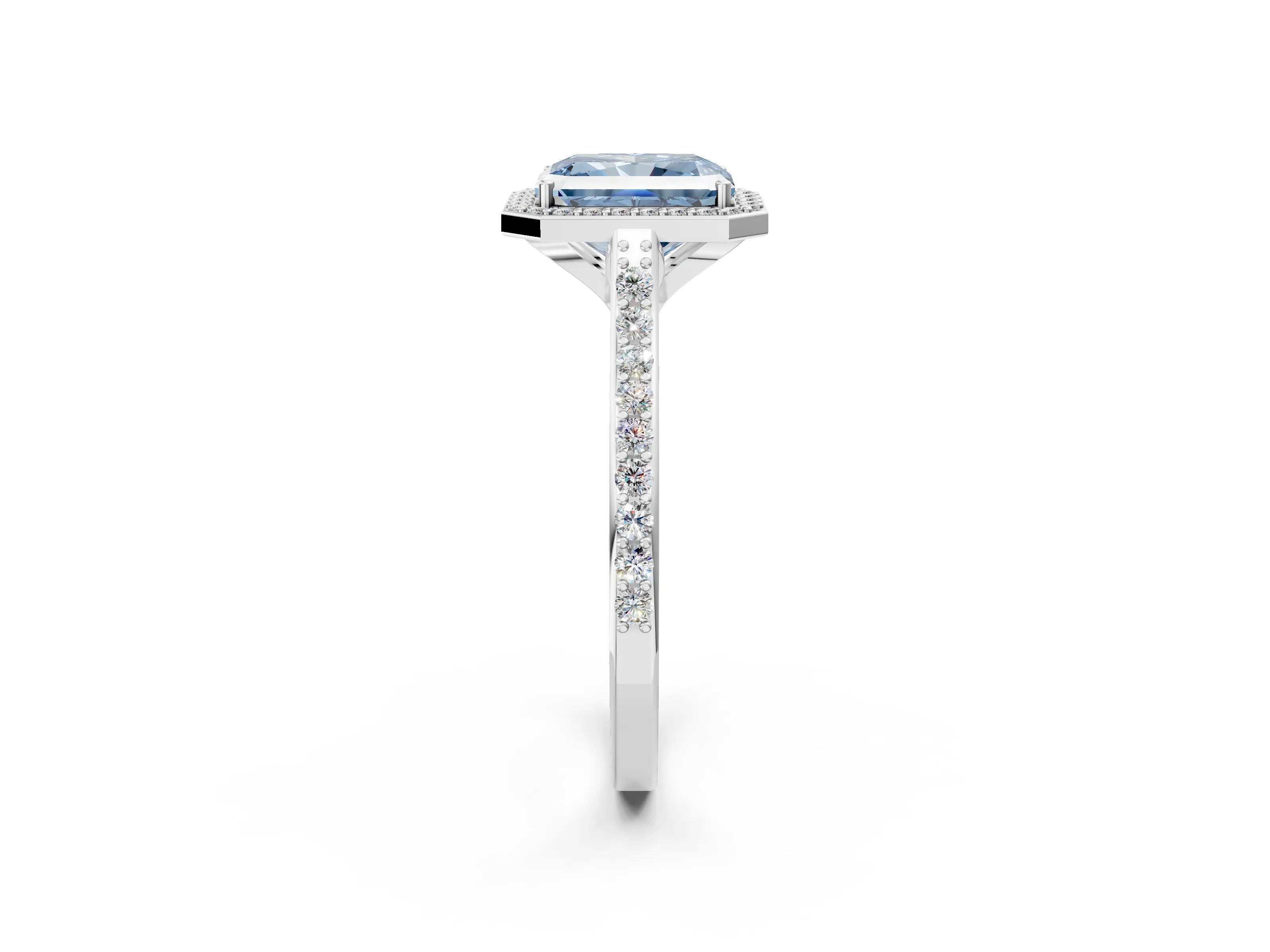 White gold Fancy Blue Radiant Cut Halo Round Diamond Pavé Band with Four-Prong Setting_41