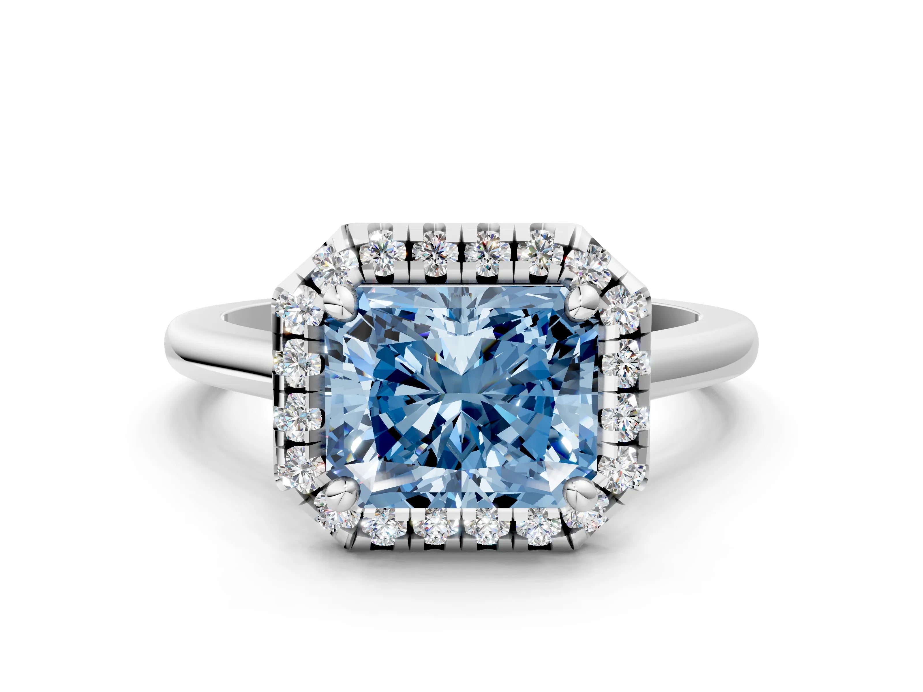 White gold Fancy Blue Radiant Cut Halo Round Diamond Solitaire Engagement Ring with Pave Band and Four-Prong Setting_24
