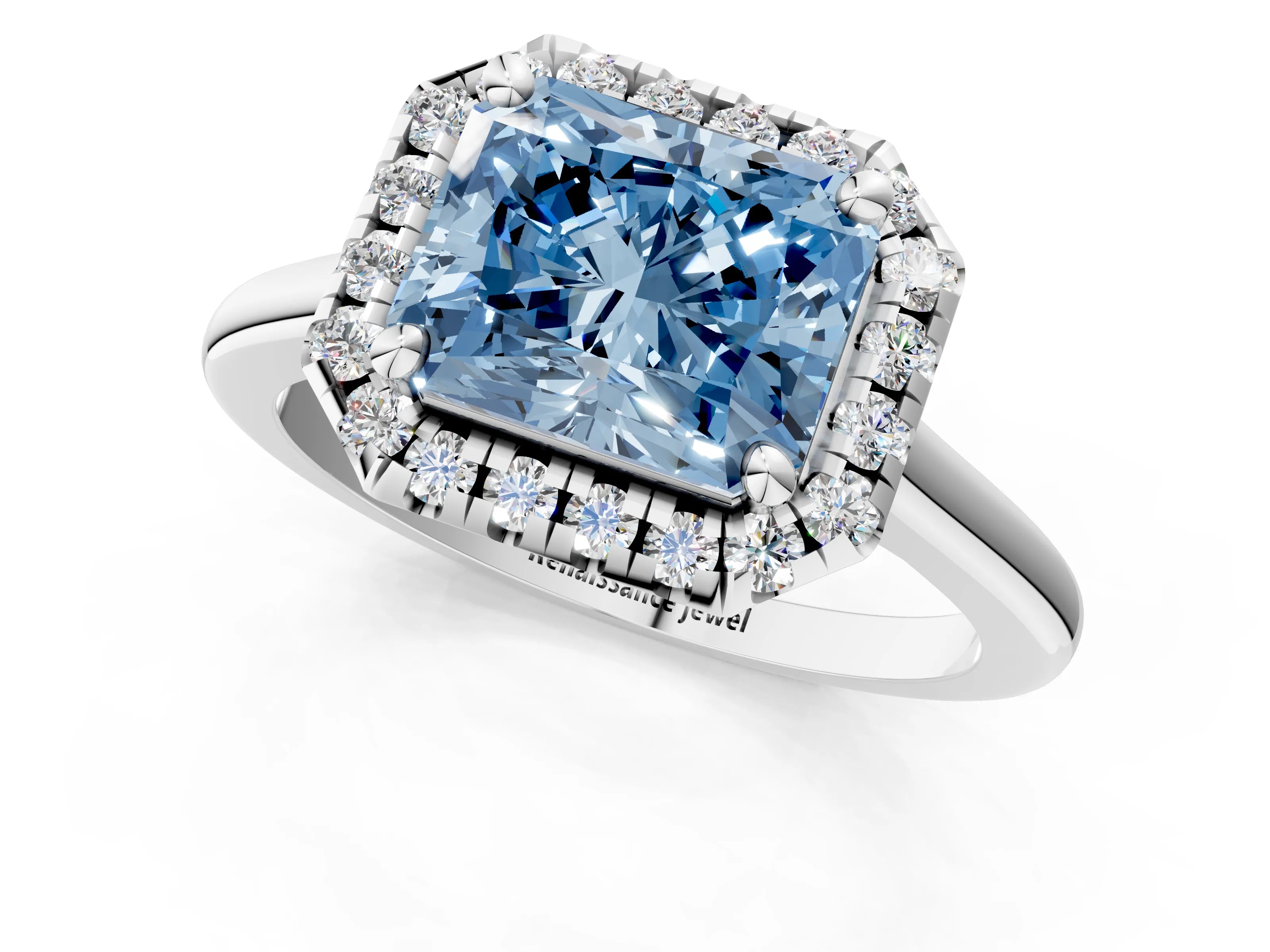 White gold Fancy Blue Radiant Cut Halo Round Diamond Solitaire Engagement Ring with Pave Band and Four-Prong Setting_25