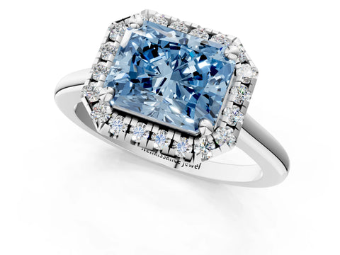 White gold Fancy Blue Radiant Cut Halo Round Diamond Solitaire Engagement Ring with Pave Band and Four-Prong Setting_25