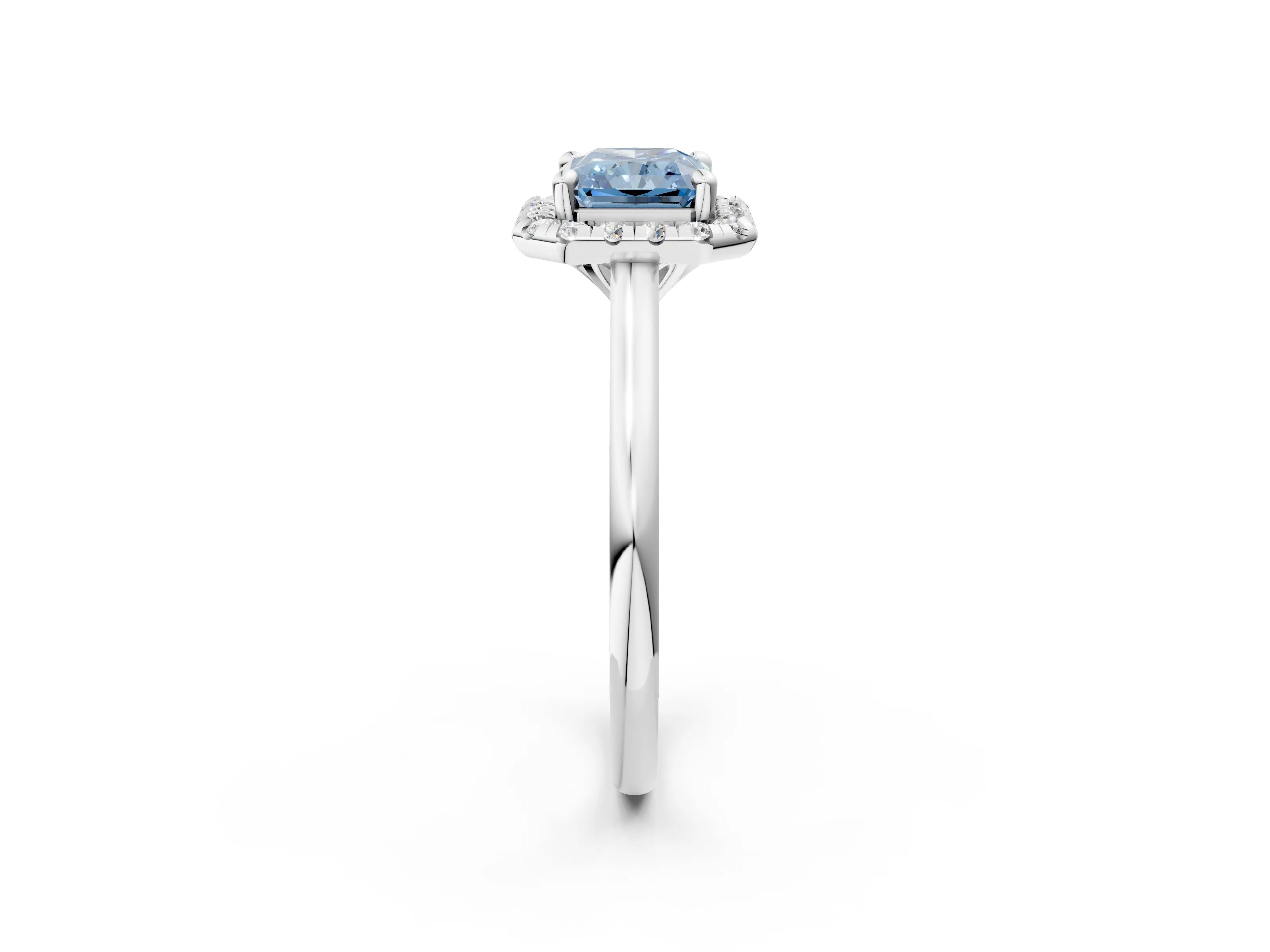 White gold Fancy Blue Radiant Cut Halo Round Diamond Solitaire Engagement Ring with Pave Band and Four-Prong Setting_26