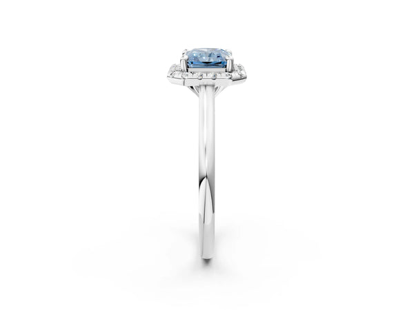 Platinum Fancy Blue Radiant Cut Halo Round Diamond Solitaire Engagement Ring with Pave Band and Four-Prong Setting