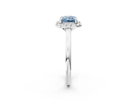 White gold Fancy Blue Radiant Cut Halo Round Diamond Solitaire Engagement Ring with Pave Band and Four-Prong Setting_26