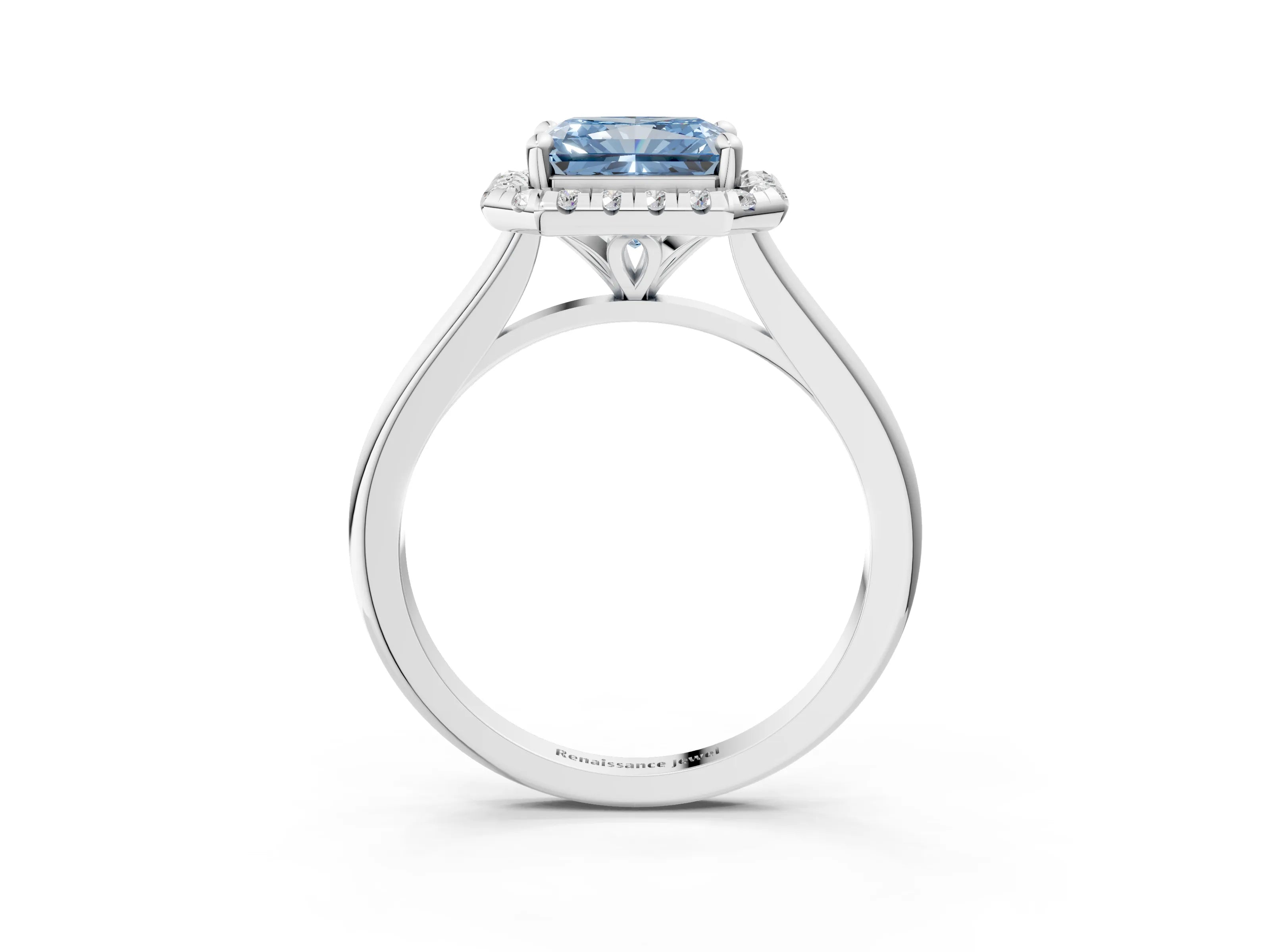 White gold Fancy Blue Radiant Cut Halo Round Diamond Solitaire Engagement Ring with Pave Band and Four-Prong Setting_27
