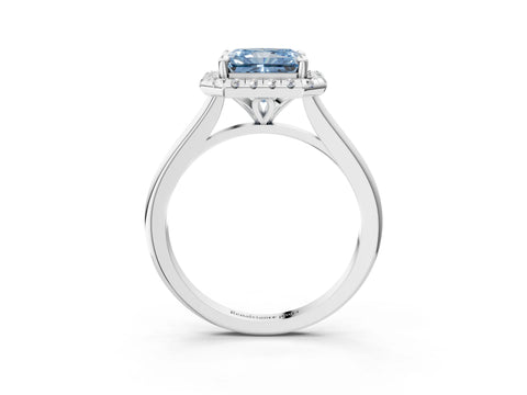 White gold Fancy Blue Radiant Cut Halo Round Diamond Solitaire Engagement Ring with Pave Band and Four-Prong Setting_27
