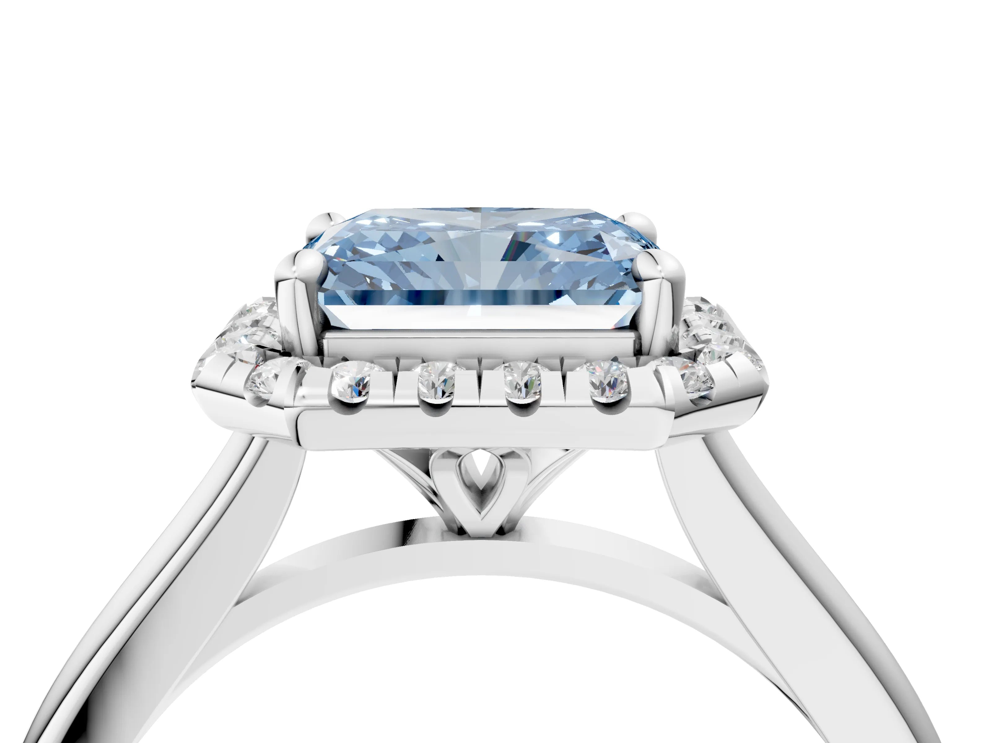 White gold Fancy Blue Radiant Cut Halo Round Diamond Solitaire Engagement Ring with Pave Band and Four-Prong Setting_28
