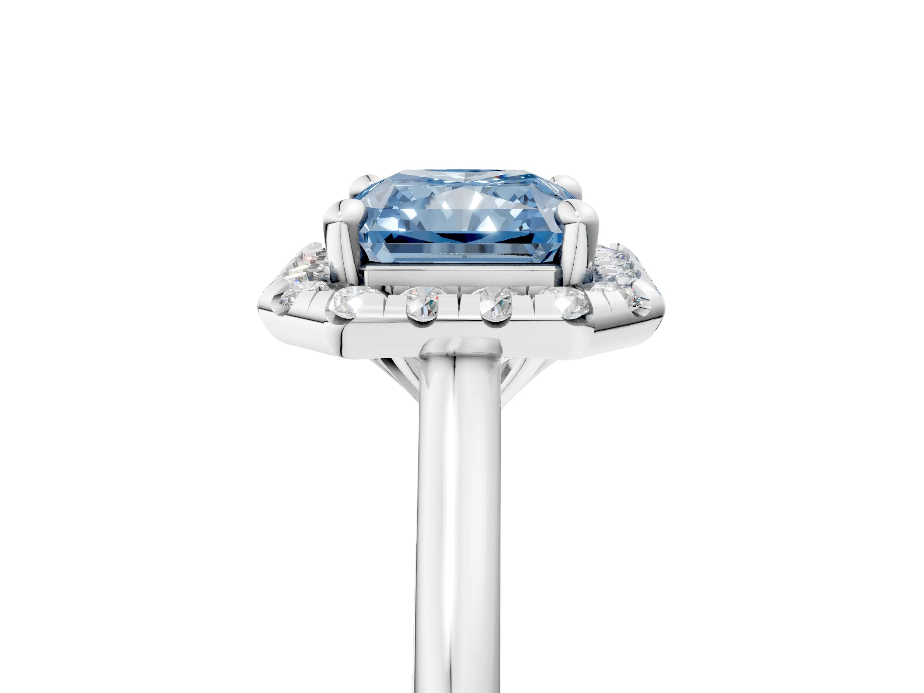 White gold Fancy Blue Radiant Cut Halo Round Diamond Solitaire Engagement Ring with Pave Band and Four-Prong Setting_29
