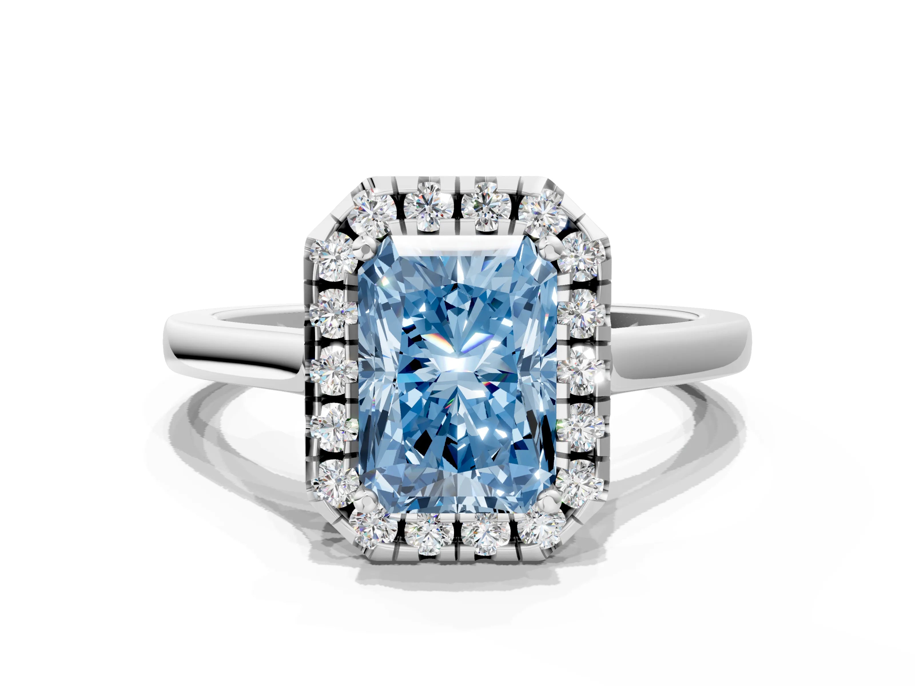 White gold Fancy Blue Radiant Cut Halo Round Diamond Solitaire Ring with Pavé Band and Four-Prong Setting