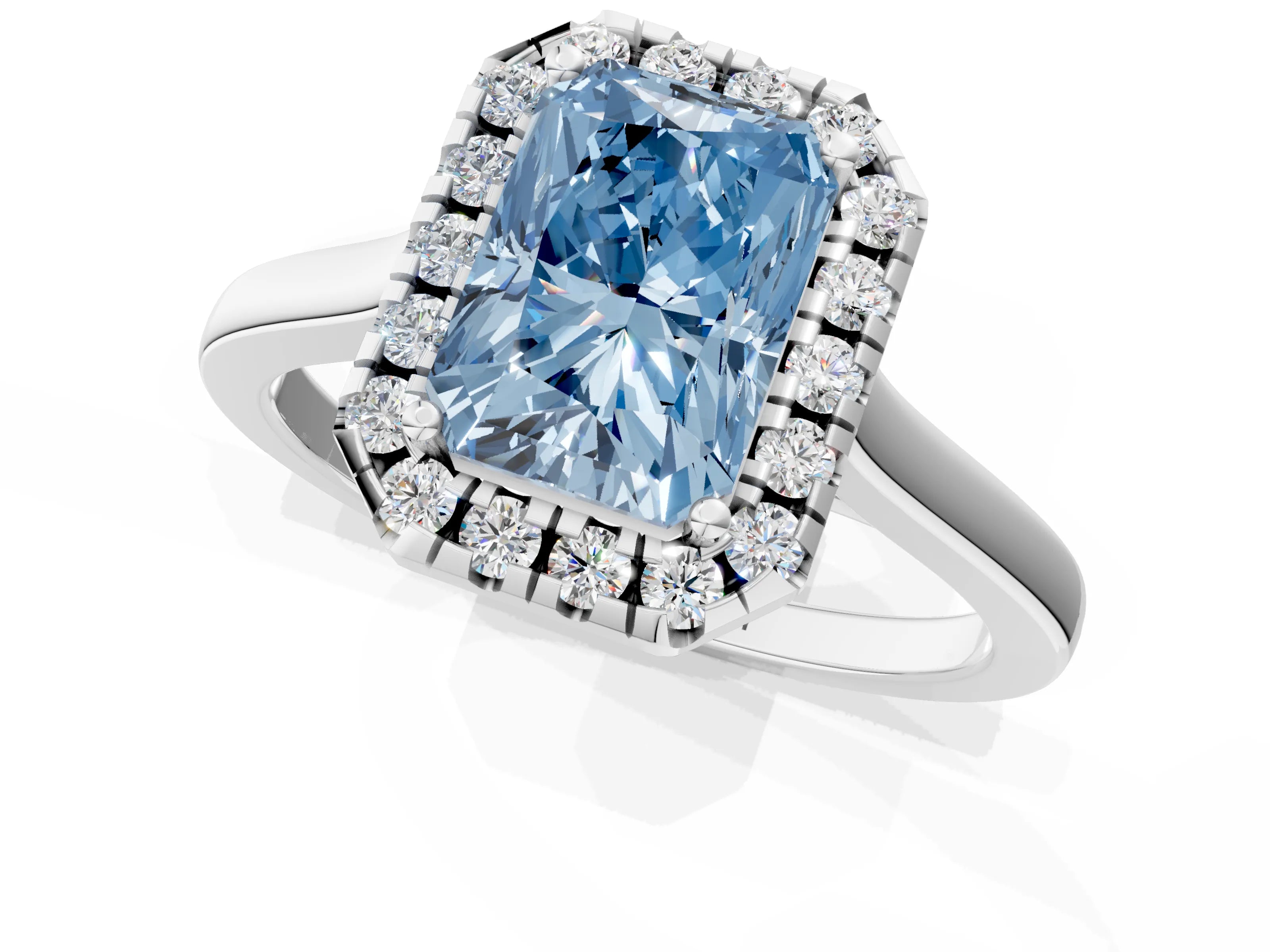 White gold Fancy Blue Radiant Cut Halo Round Diamond Solitaire Ring with Pavé Band and Four-Prong Setting_1