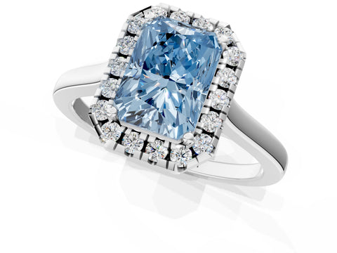 White gold Fancy Blue Radiant Cut Halo Round Diamond Solitaire Ring with Pavé Band and Four-Prong Setting_1
