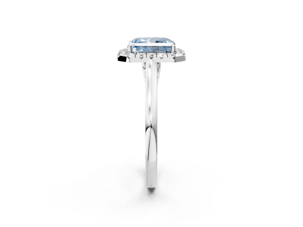 Platinum Fancy Blue Radiant Cut Halo Round Diamond Solitaire Ring with Pavé Band and Four-Prong Setting