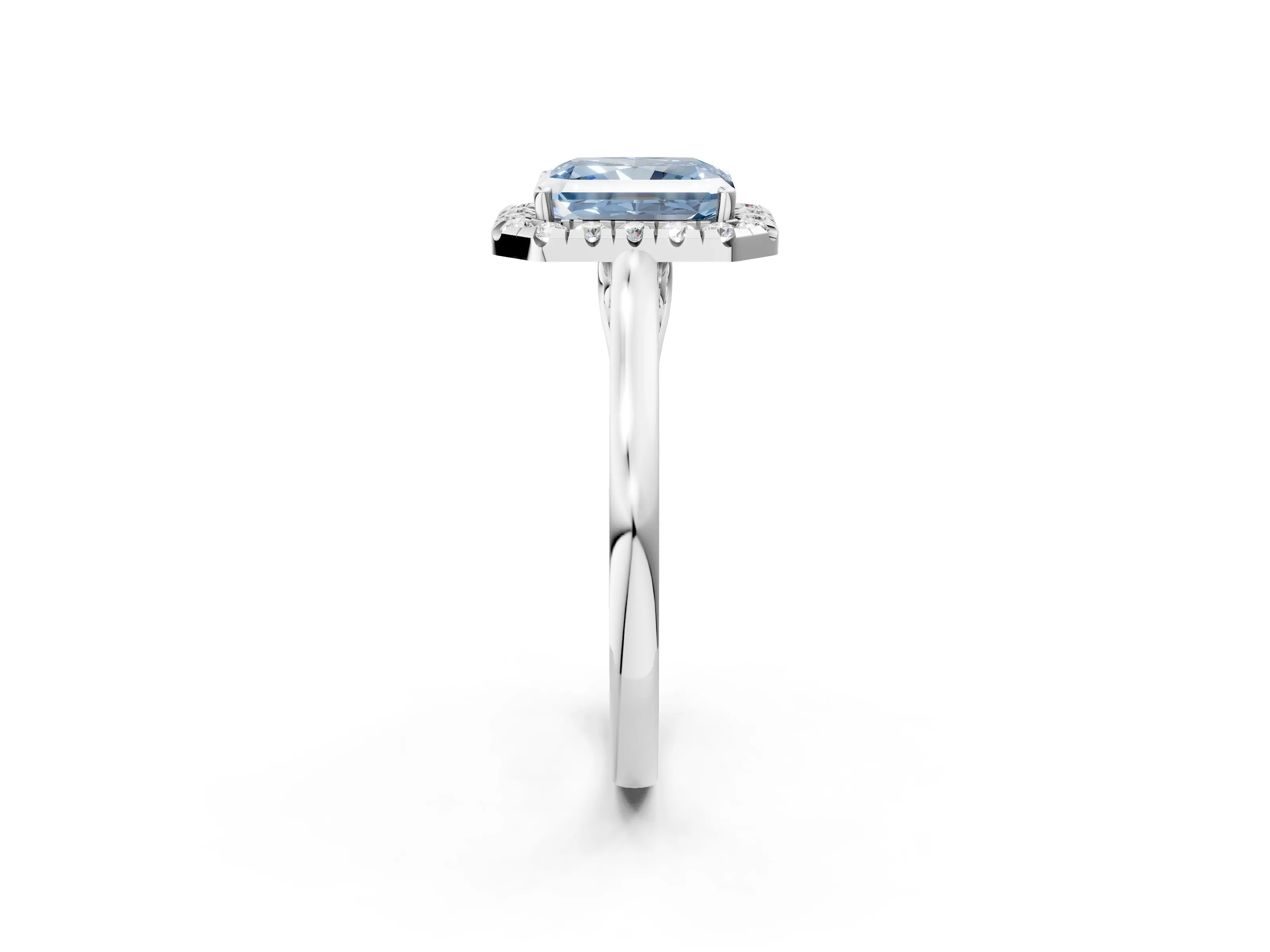White gold Fancy Blue Radiant Cut Halo Round Diamond Solitaire Ring with Pavé Band and Four-Prong Setting_2