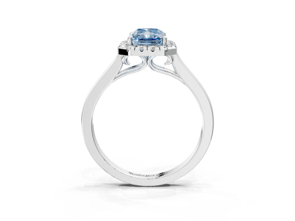 Platinum Fancy Blue Radiant Cut Halo Round Diamond Solitaire Ring with Pavé Band and Four-Prong Setting