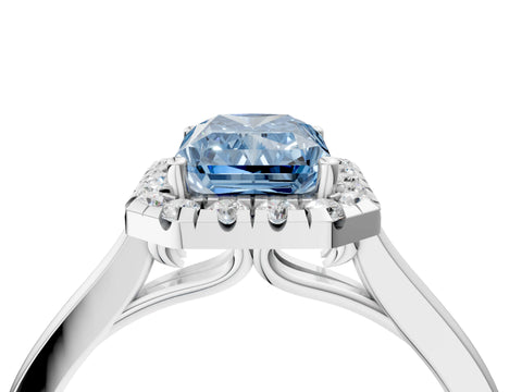 White gold Fancy Blue Radiant Cut Halo Round Diamond Solitaire Ring with Pavé Band and Four-Prong Setting_4