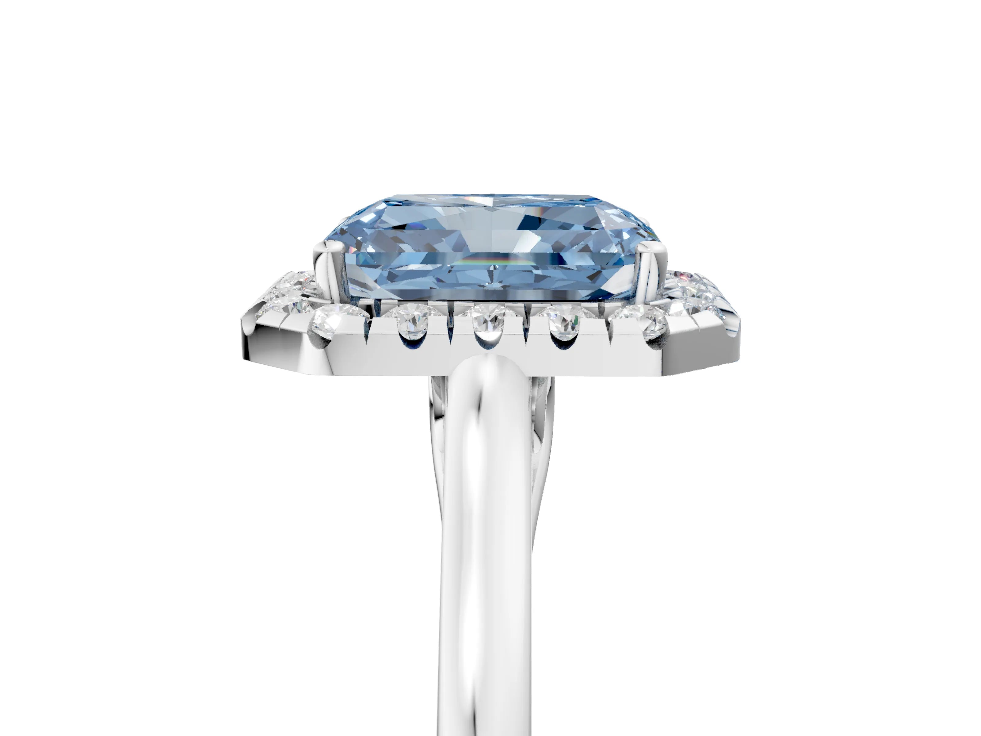 White gold Fancy Blue Radiant Cut Halo Round Diamond Solitaire Ring with Pavé Band and Four-Prong Setting_5
