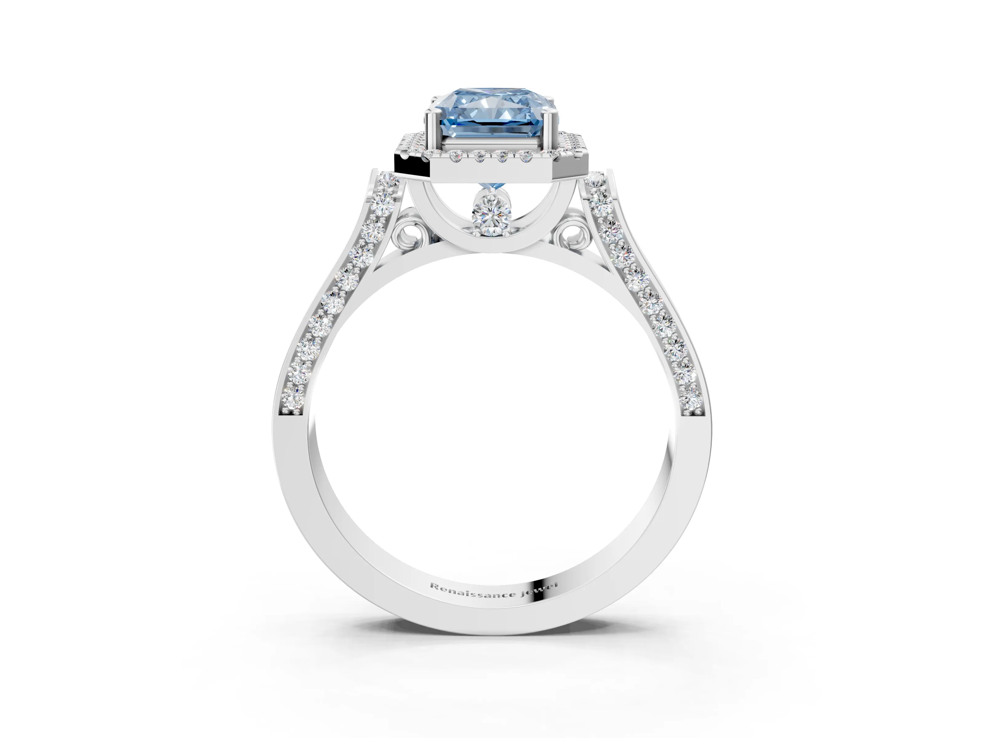 White gold Fancy Blue Radiant Cut Halo Round Diamond Twist Band with Four-Prong Setting_15