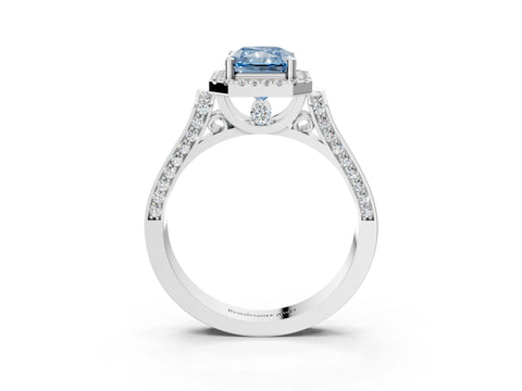 White gold Fancy Blue Radiant Cut Halo Round Diamond Twist Band with Four-Prong Setting_15