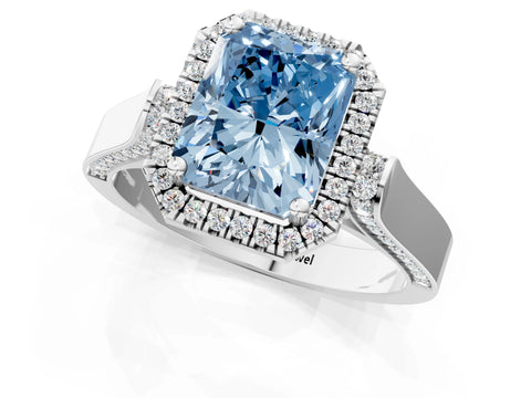 White gold Fancy Blue Radiant Cut Halo Round Diamond Twist Band with Four-Prong Setting_1