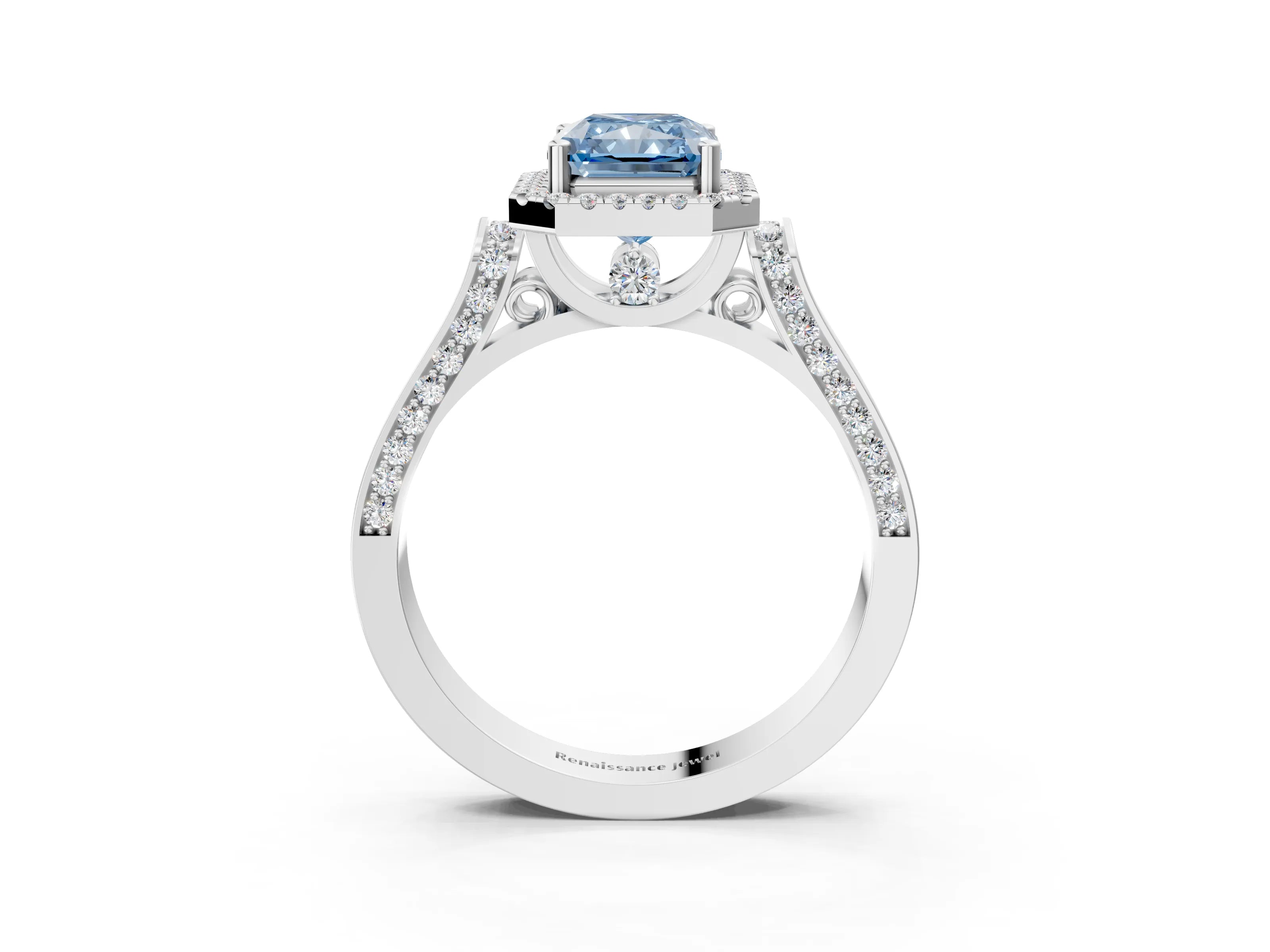 White gold Fancy Blue Radiant Cut Halo Round Diamond Twist Band with Four-Prong Setting_27