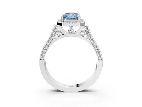 White gold Fancy Blue Radiant Cut Halo Round Diamond Twist Band with Four-Prong Setting_27