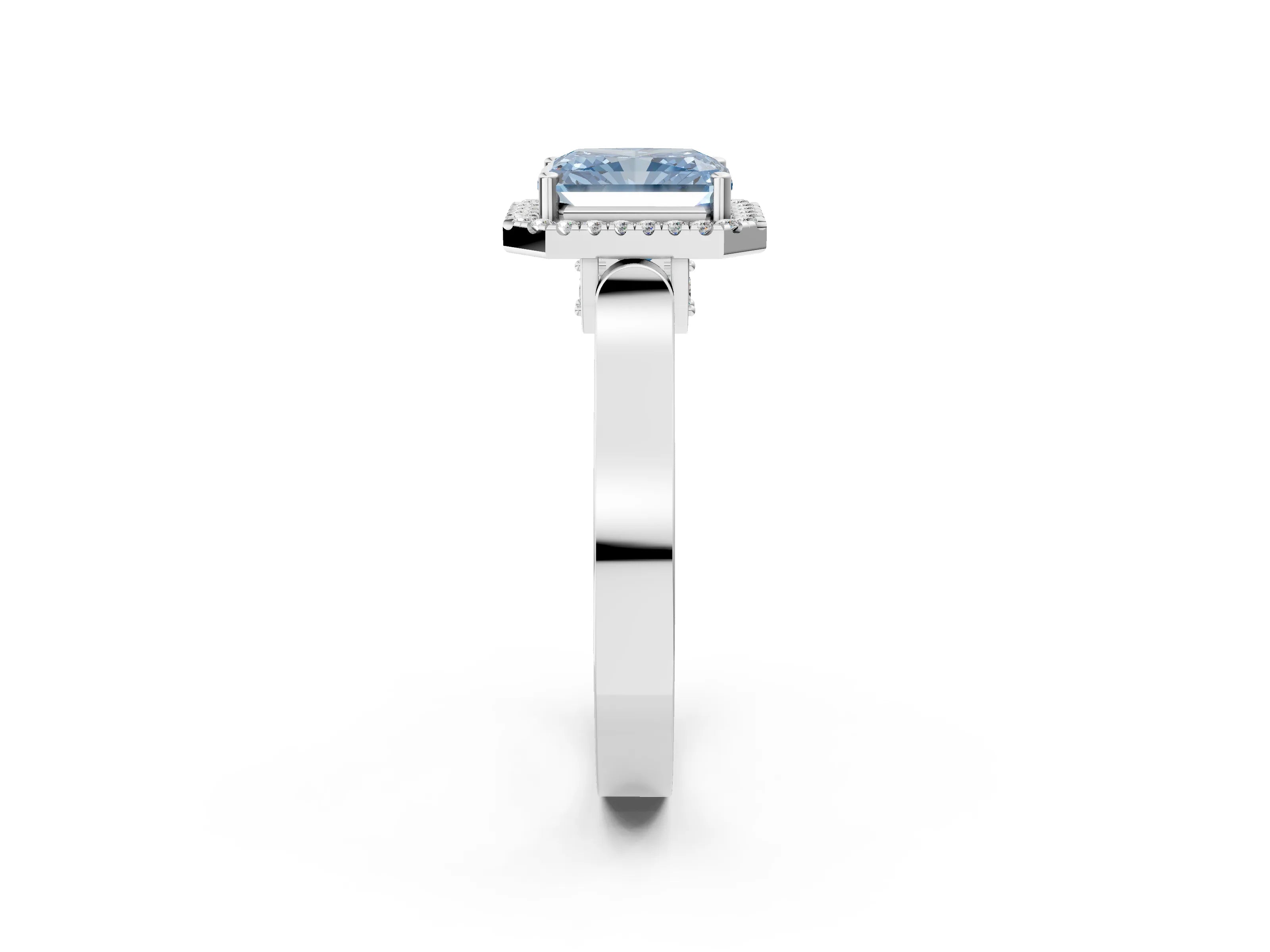 White gold Fancy Blue Radiant Cut Halo Round Diamond Twist Band with Four-Prong Setting_2