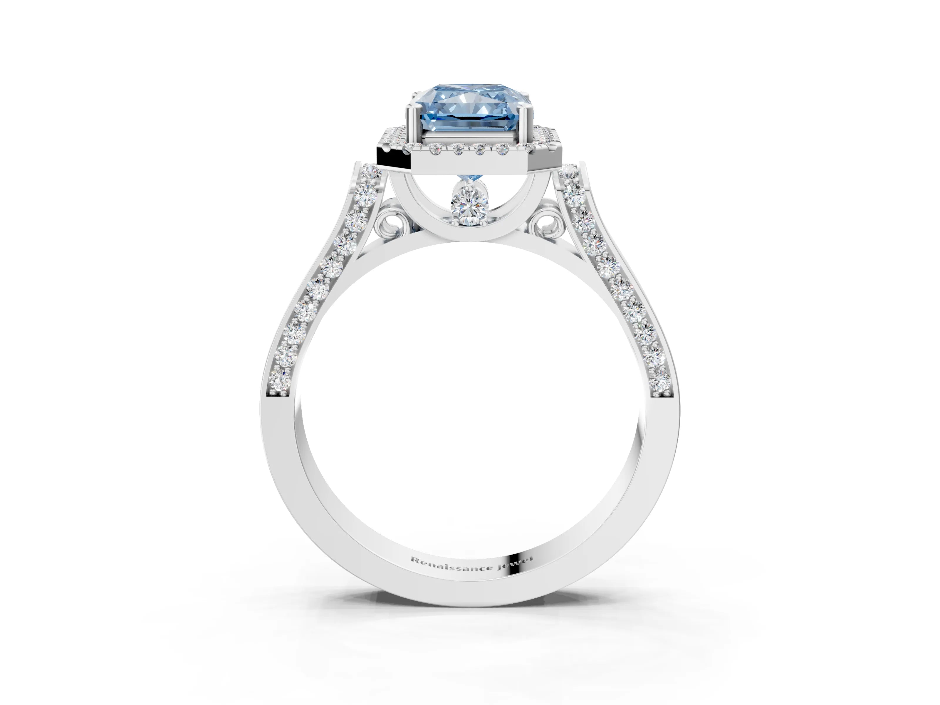 White gold Fancy Blue Radiant Cut Halo Round Diamond Twist Band with Four-Prong Setting_3