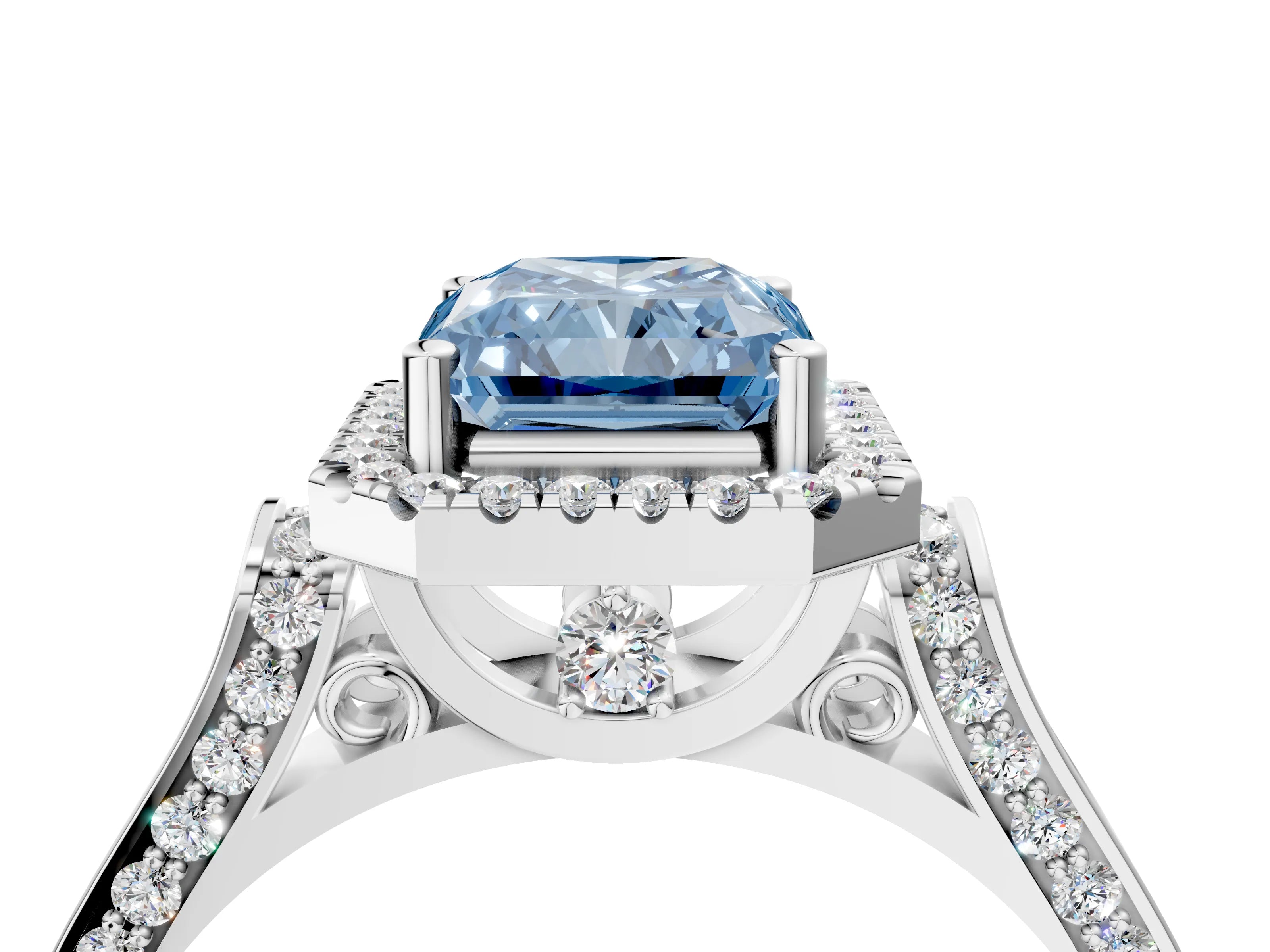 White gold Fancy Blue Radiant Cut Halo Round Diamond Twist Band with Four-Prong Setting_4