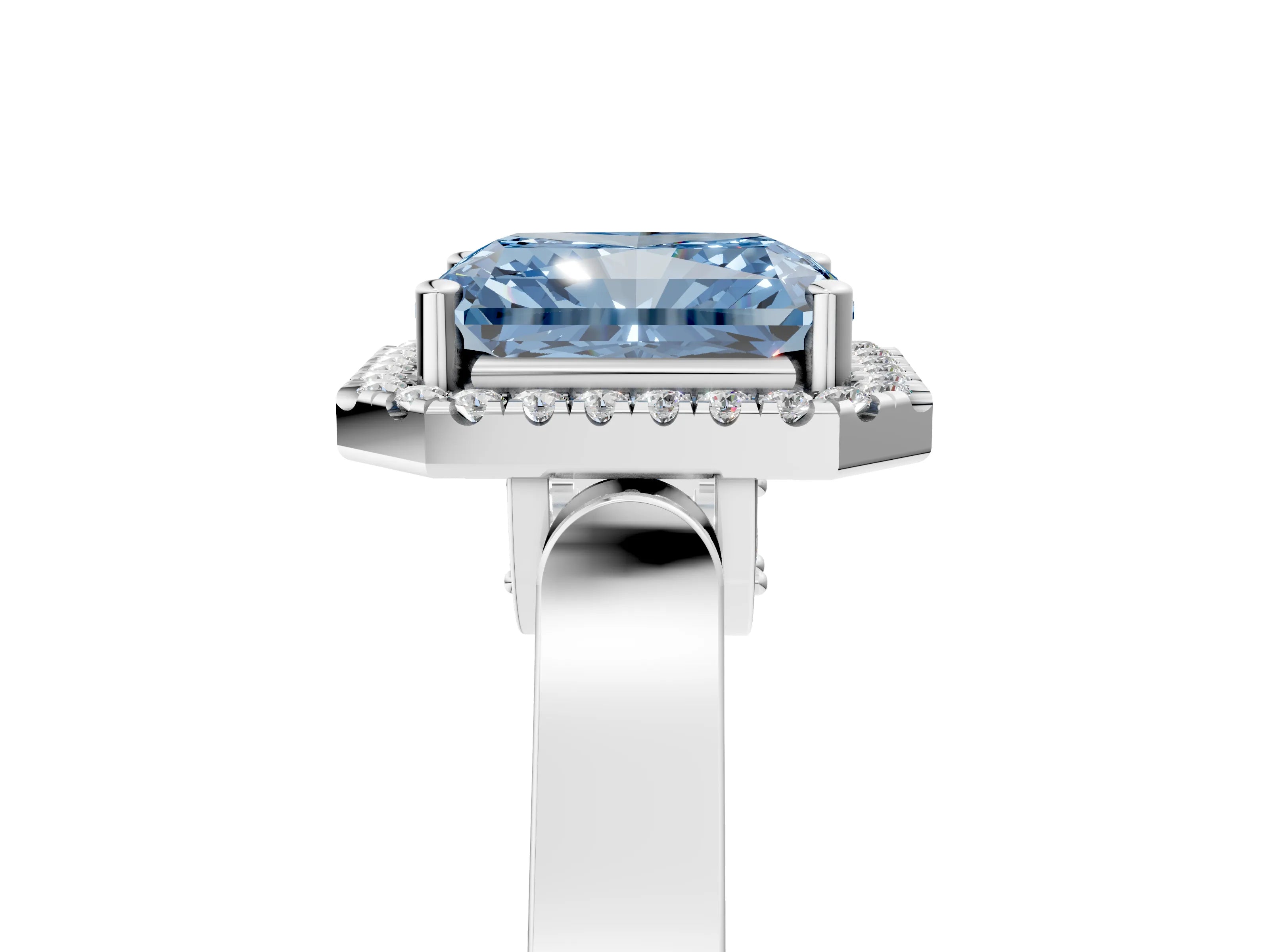 White gold Fancy Blue Radiant Cut Halo Round Diamond Twist Band with Four-Prong Setting_5