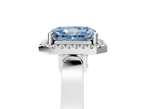 White gold Fancy Blue Radiant Cut Halo Round Diamond Twist Band with Four-Prong Setting_5