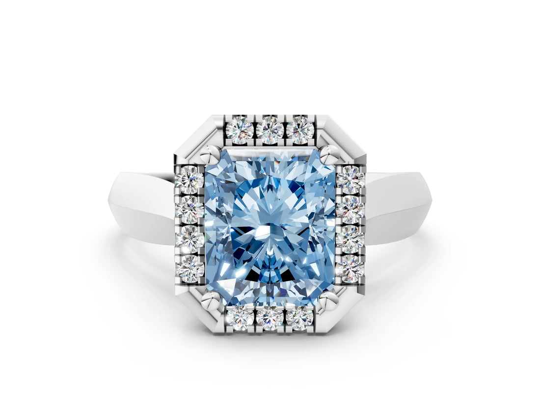 White gold Fancy Blue Radiant  Cut Halo Solitaire Engagement Ring with Square Band and Four-Prong Setting_13