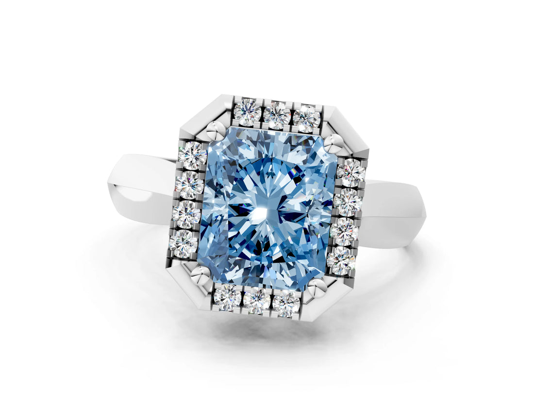White gold Fancy Blue Radiant  Cut Halo Solitaire Engagement Ring with Square Band and Four-Prong Setting_226