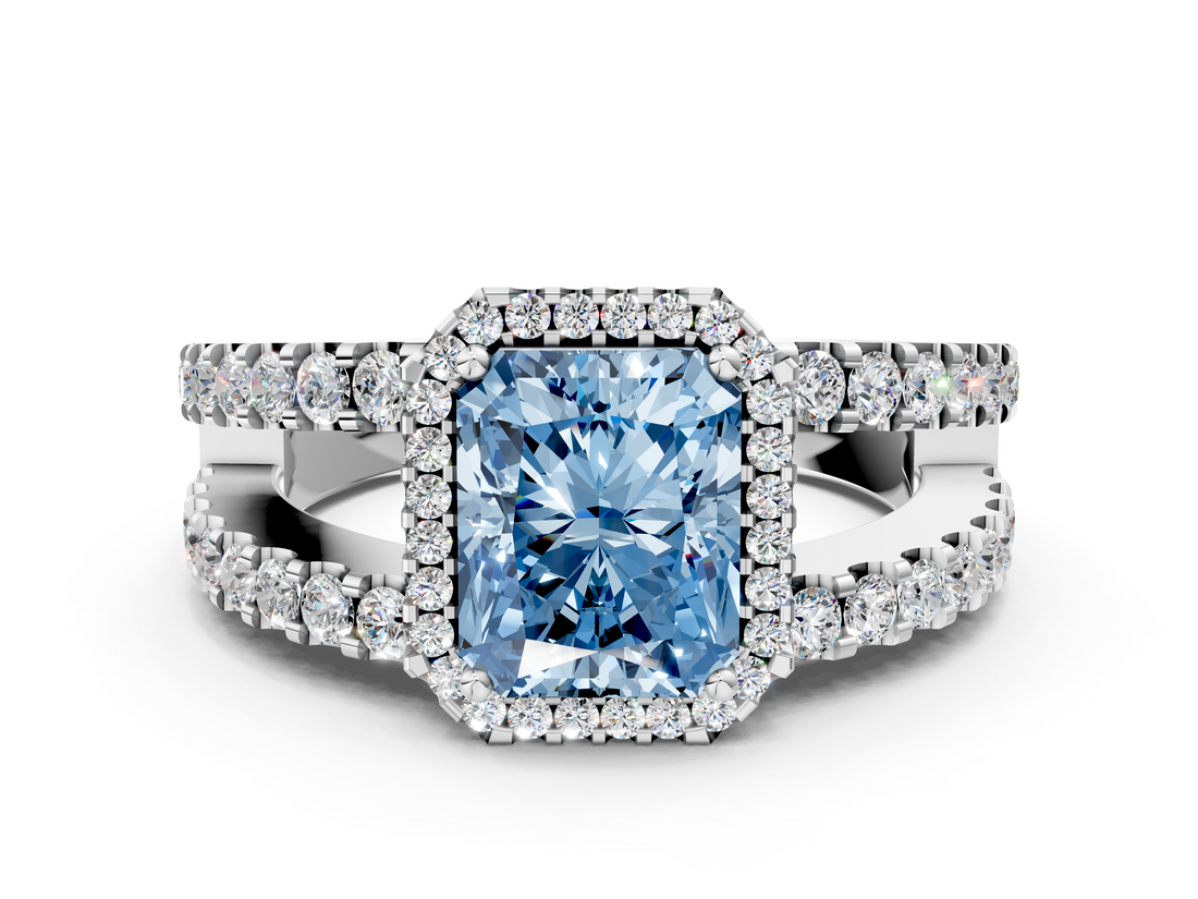White gold Fancy Blue Radiant  Cut Halo Split Shank Diamond Ring with Four-Prong Setting_45