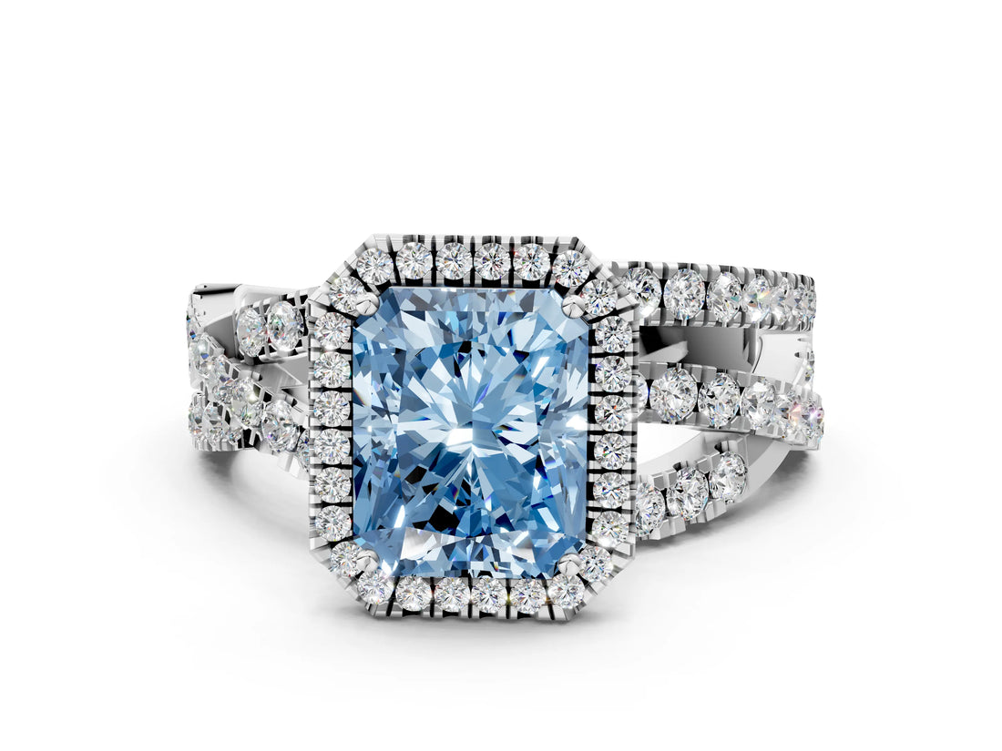 White gold Fancy Blue Radiant  Cut Halo Split Shank Prong Setting Ring_36