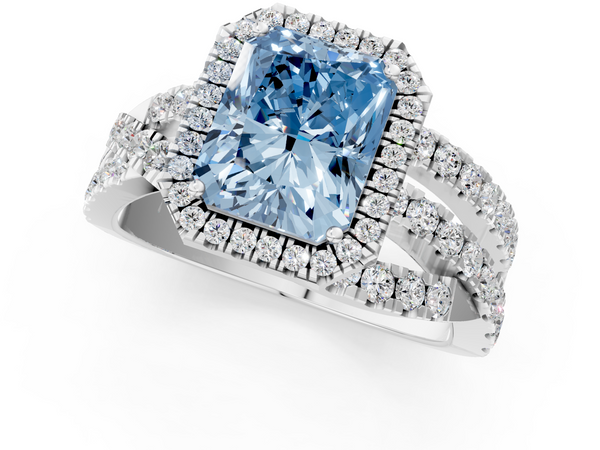 Platinum Fancy Blue Radiant  Cut Halo Split Shank Prong Setting Ring