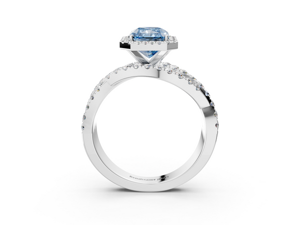 Platinum Fancy Blue Radiant  Cut Halo Split Shank Prong Setting Ring