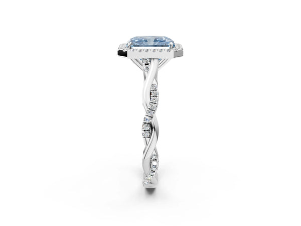 Platinum Fancy Blue Radiant Cut Halo Twist Band with Four-Prong Setting