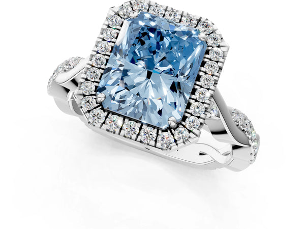 Platinum Fancy Blue Radiant Cut Halo Twist Band with Four-Prong Setting