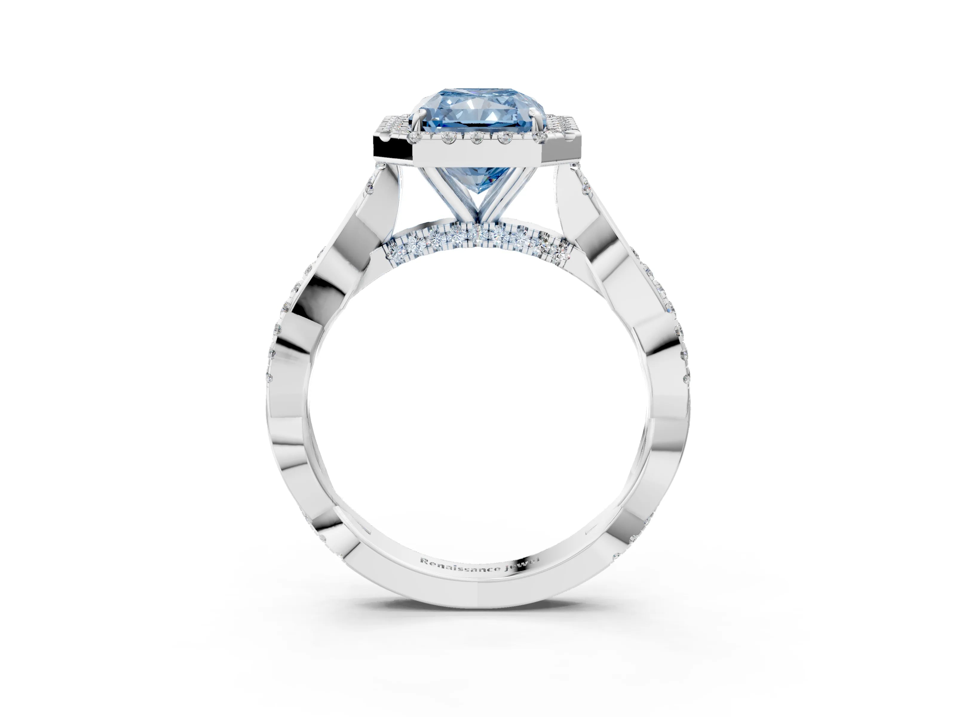 White gold Fancy Blue Radiant Cut Halo Twist Band with Four-Prong Setting_3
