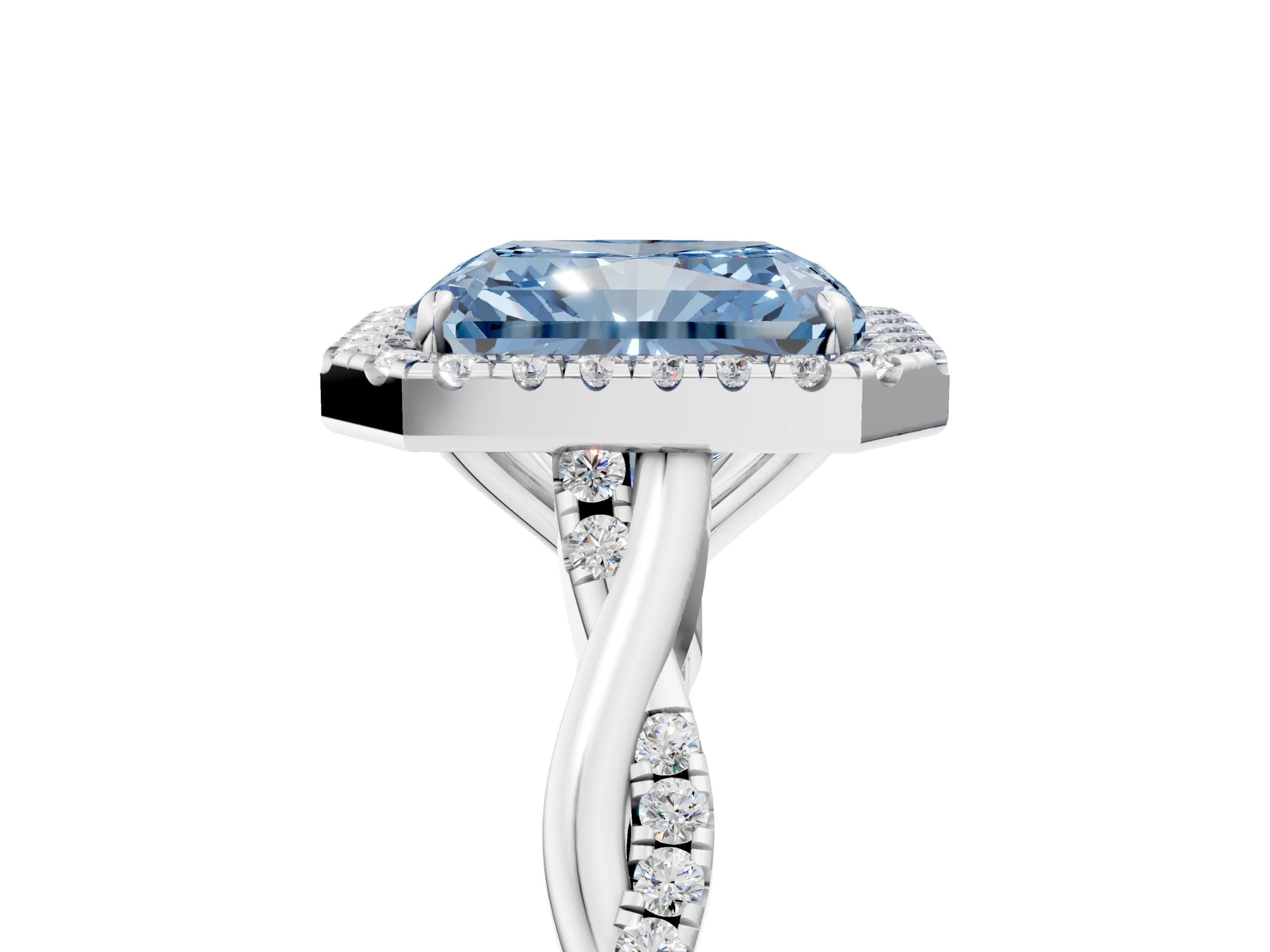 White gold Fancy Blue Radiant Cut Halo Twist Band with Four-Prong Setting_5