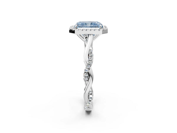 Platinum Fancy Blue Radiant Cut Halo Twist Band with Four-Prong Setting