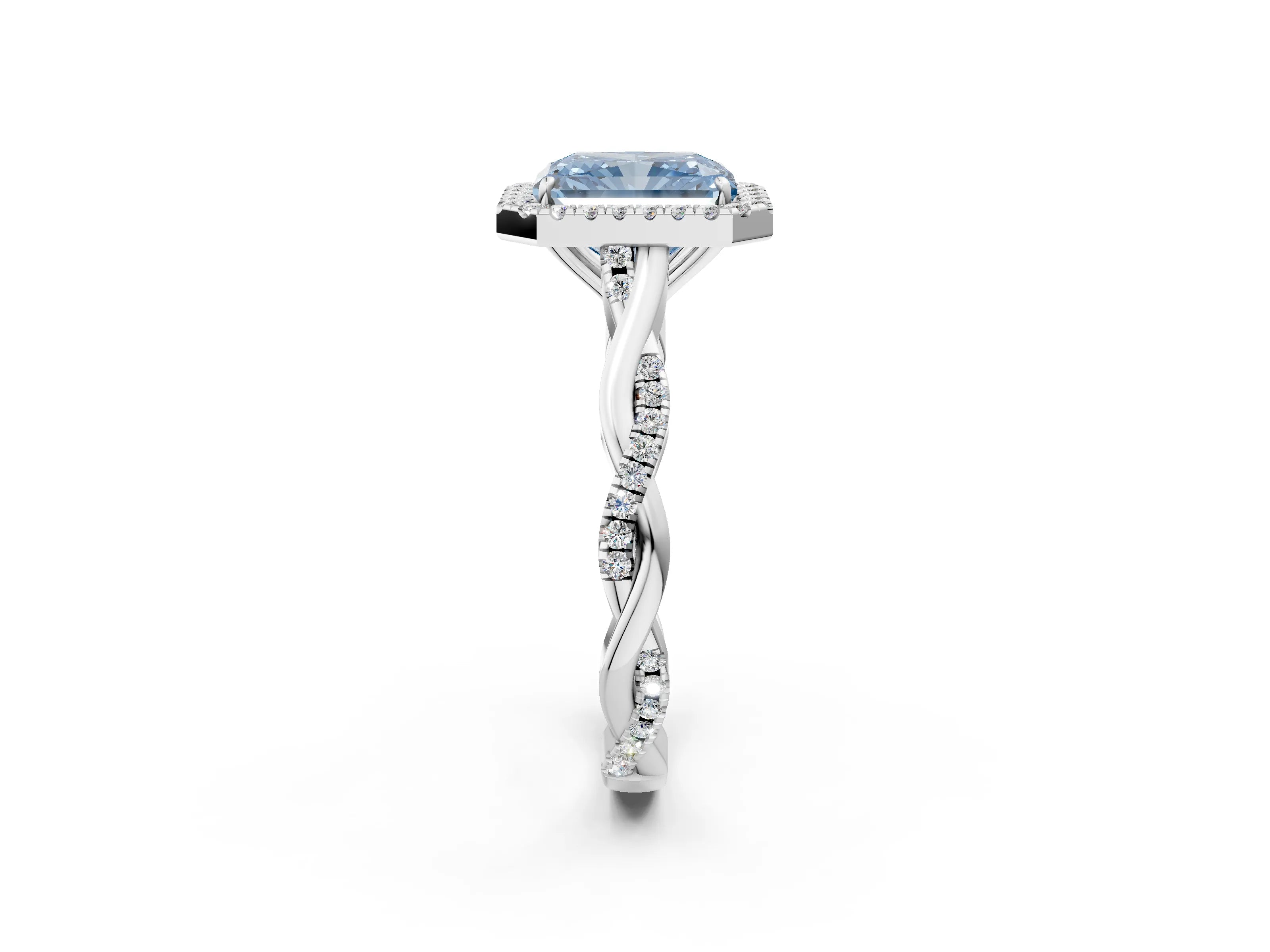 White gold Fancy Blue Radiant Cut Halo Twist Band with Four-Prong Setting_74