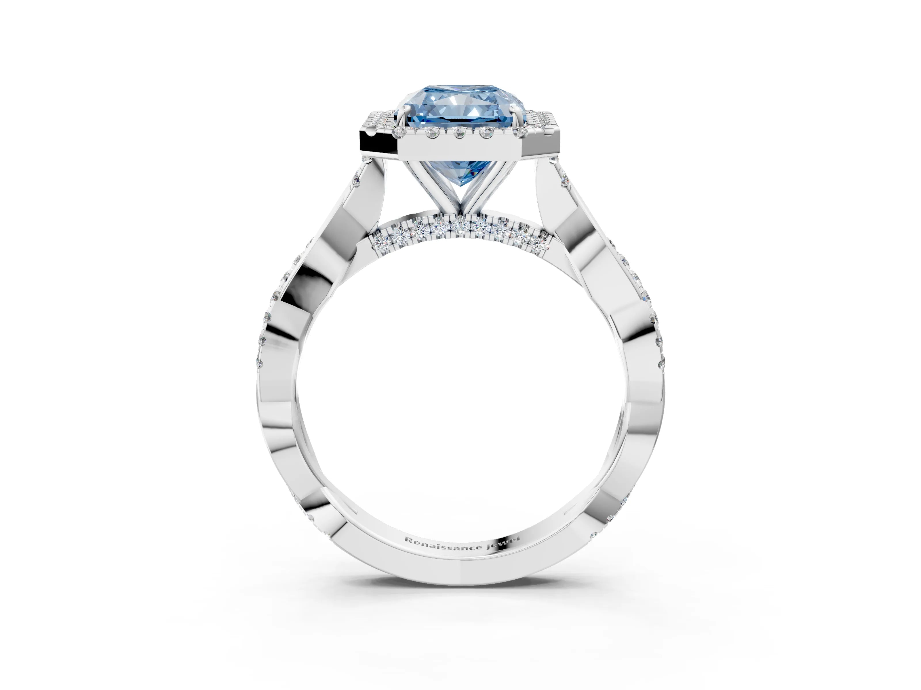White gold Fancy Blue Radiant Cut Halo Twist Band with Four-Prong Setting_75