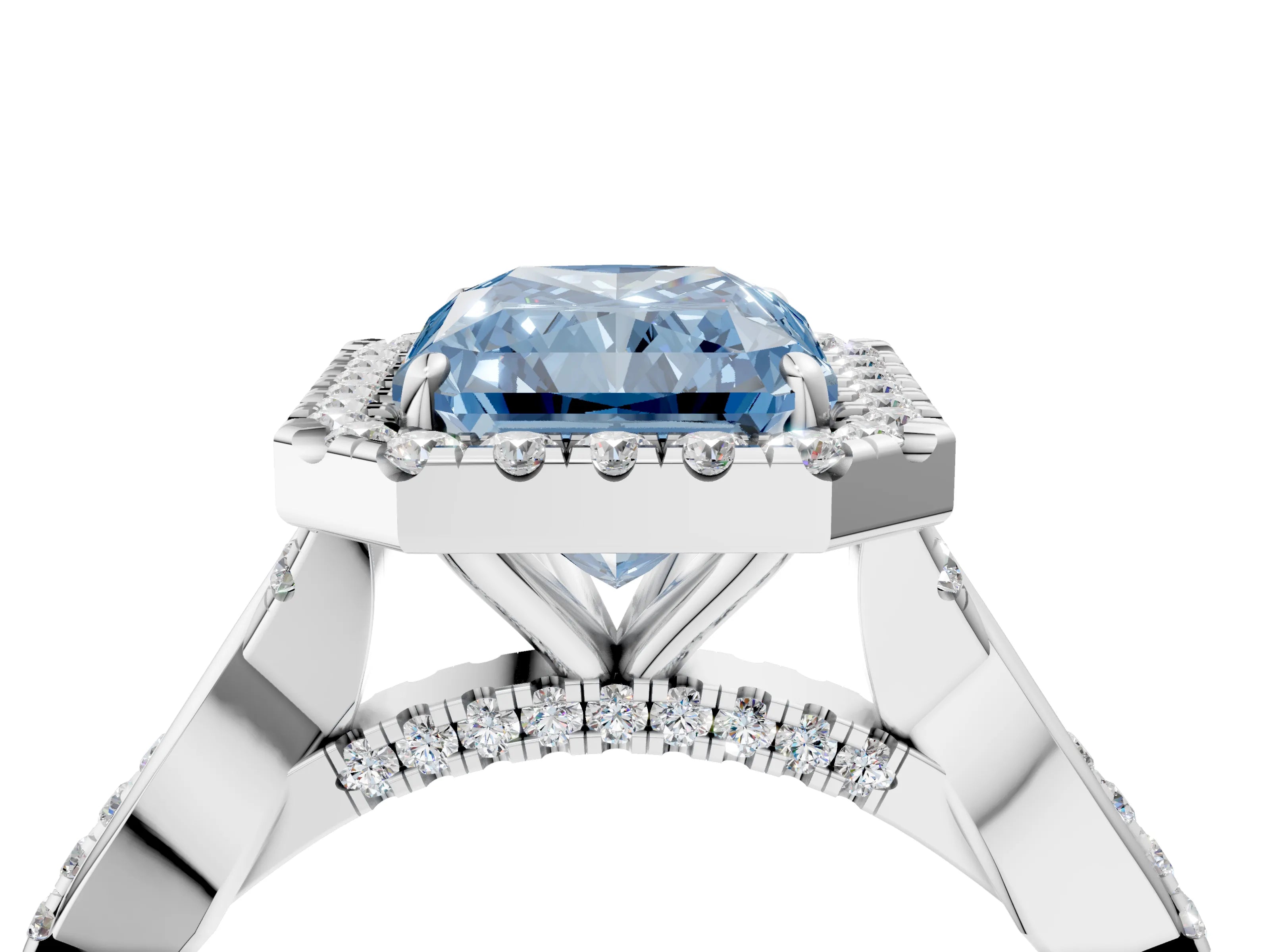 White gold Fancy Blue Radiant Cut Halo Twist Band with Four-Prong Setting_76