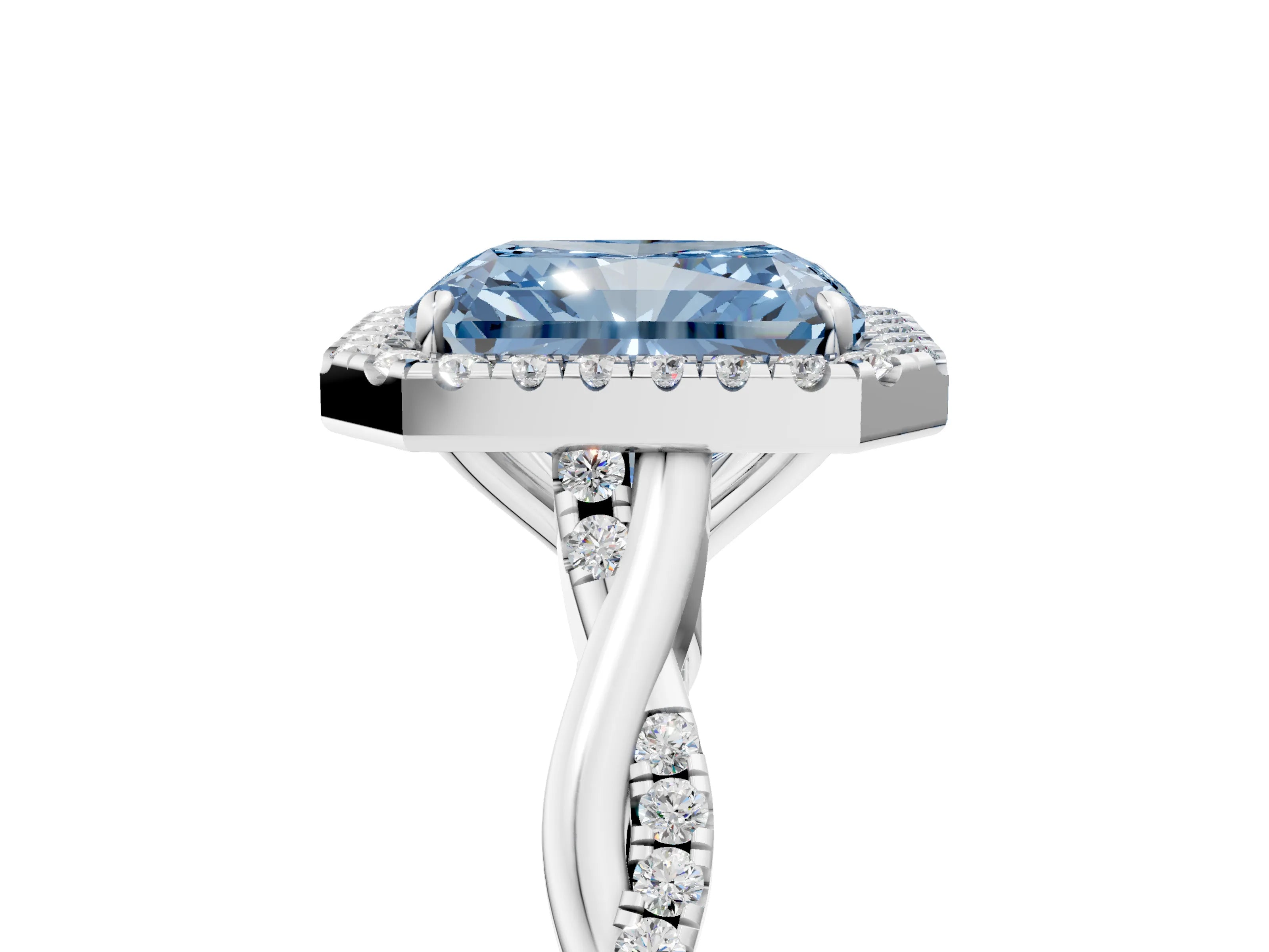 White gold Fancy Blue Radiant Cut Halo Twist Band with Four-Prong Setting_77